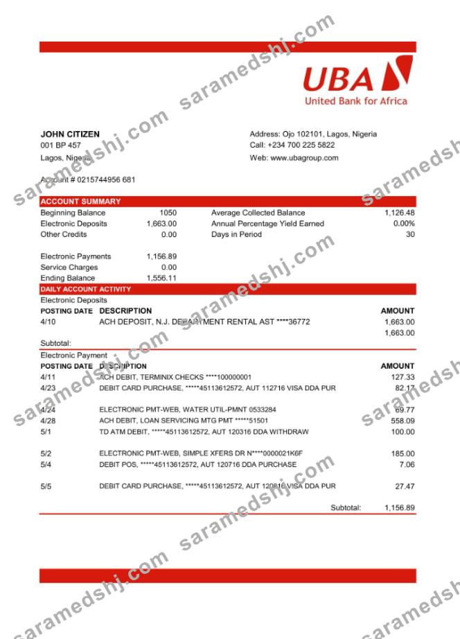 Nigeria UBA bank statement in Excel and PDF format